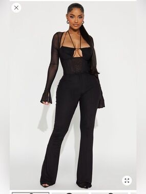 Black Mesh Long-Sleeve Jumpsuit Pant Set Melanie - Fashion Nova